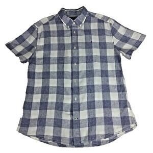 Tommy Hilfiger Mens XL Custom Fit Linen Cotton‎ Blue White Gingham SS Shirt